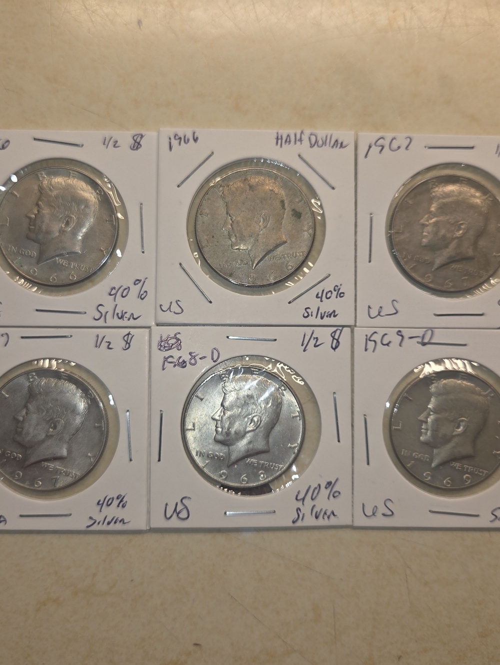 Lot of (6), 40% Silver Kennedy Half Dollar 1966-1969 Circulated US COINS